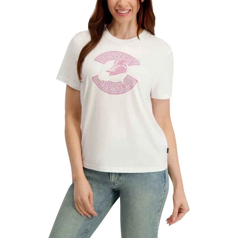 Converse Womens Logo Tee White Pink All Star Sneaker Graphic T-Shirt Medium NEW